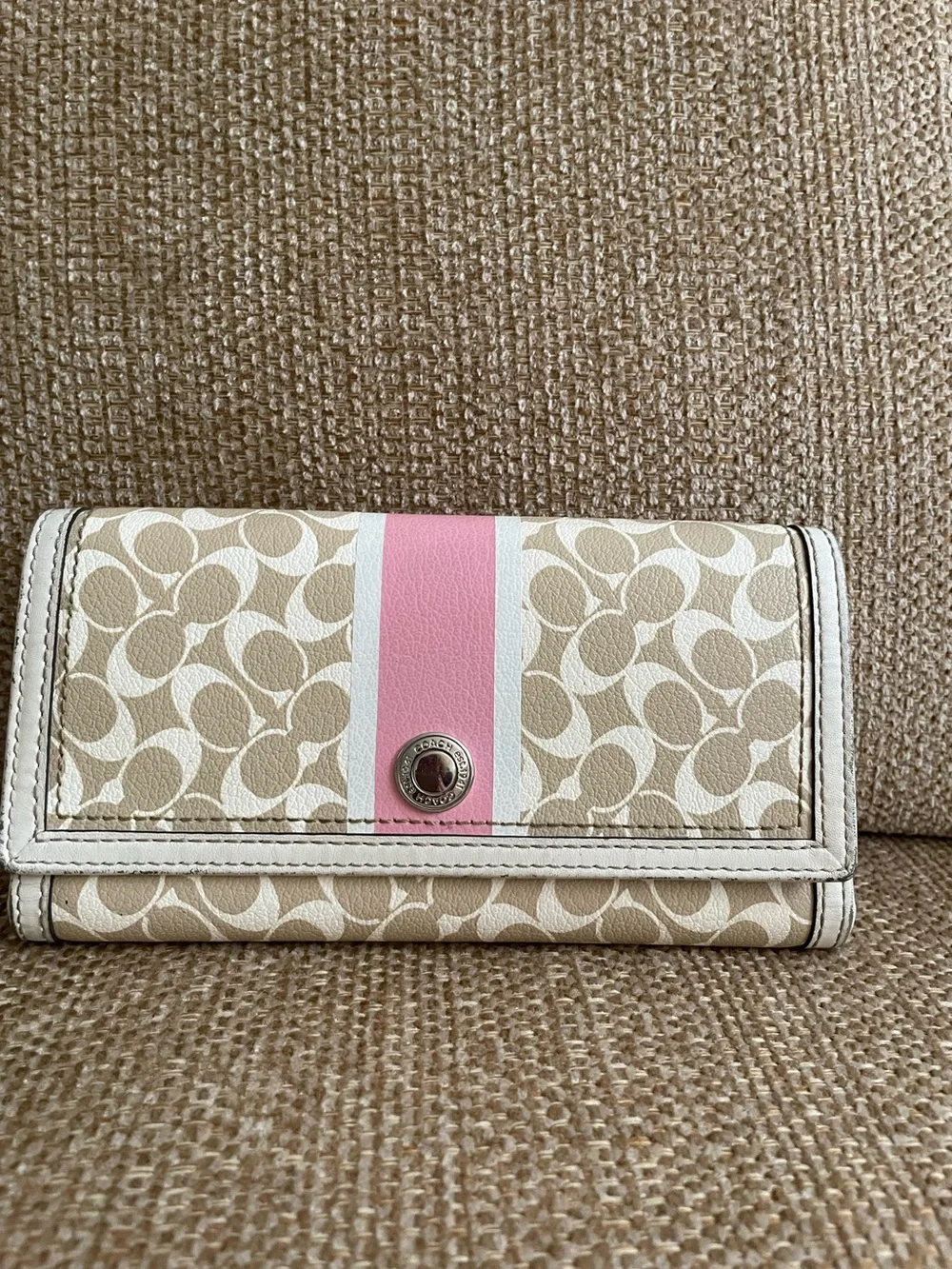 Coach Beige Signature leather Trifold Wallet with Pink Center Stripe